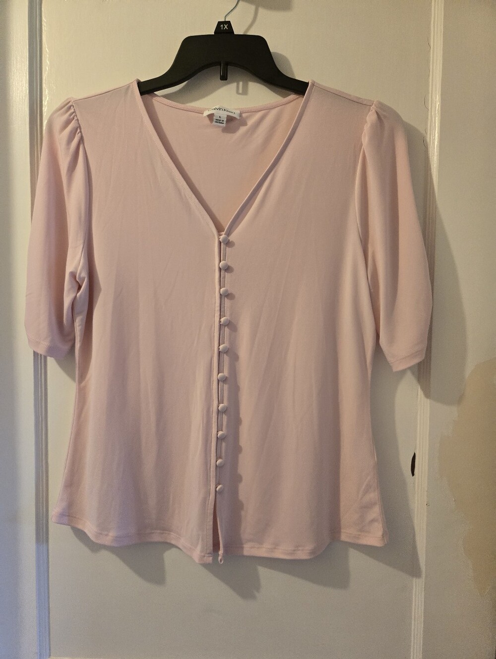 Calvin Klein Pale Pink Button-Front V-Neck Blouse
